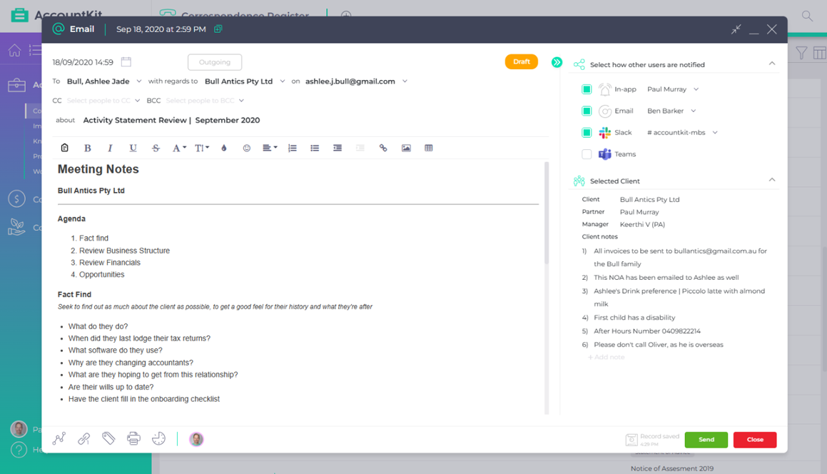 AccountKit Correspondence register product interface