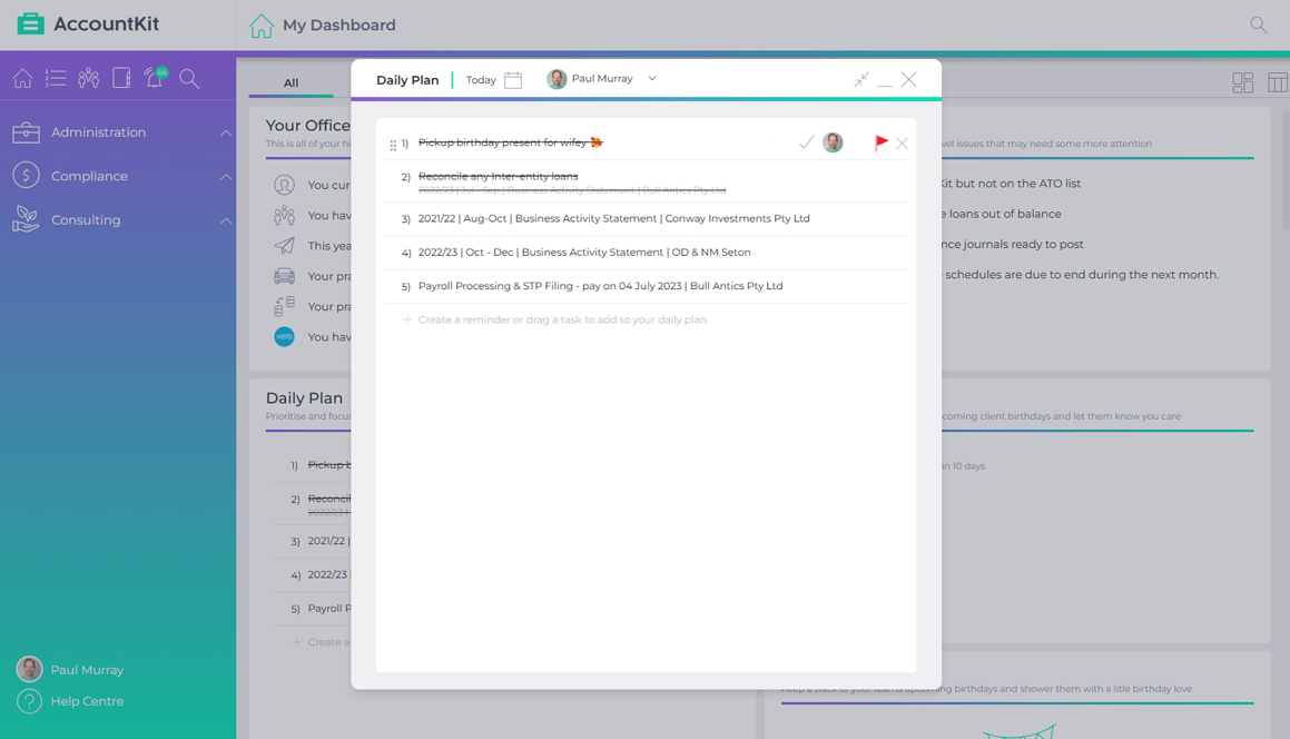 AccountKit My Daily Plan listing one person’s tasks and due work for today