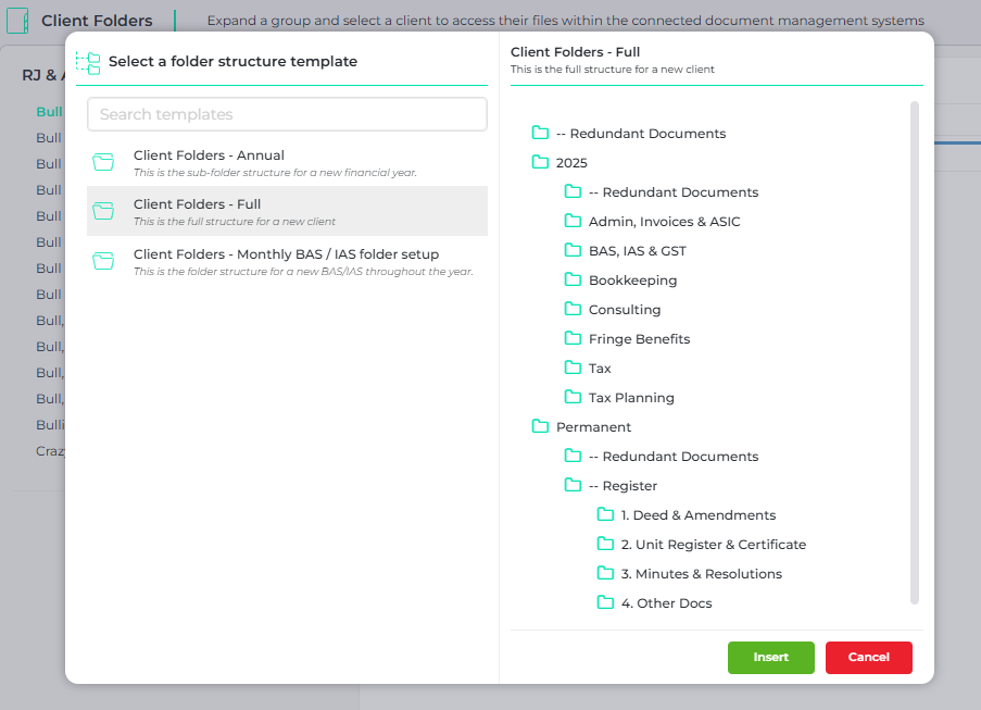 AccountKit client folder template selector with annual and permanent document folders