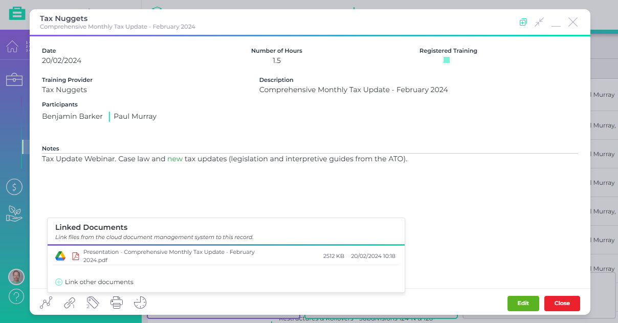 AccountKit training record with a linked Google Drive document