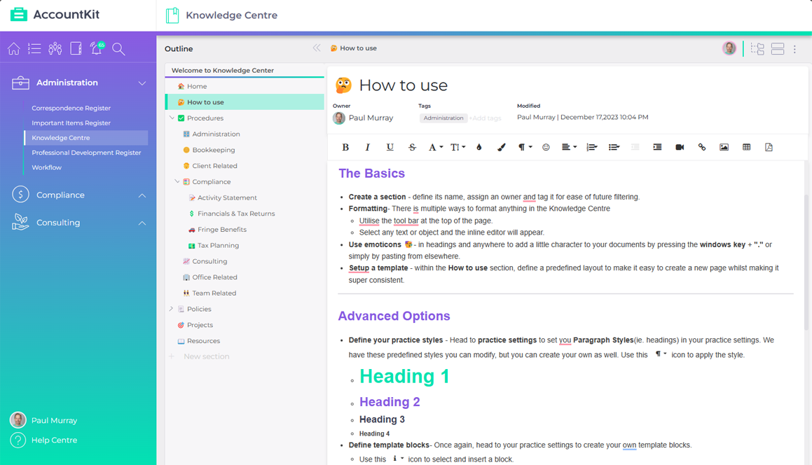 AccountKit Knowledge Centre product interface
