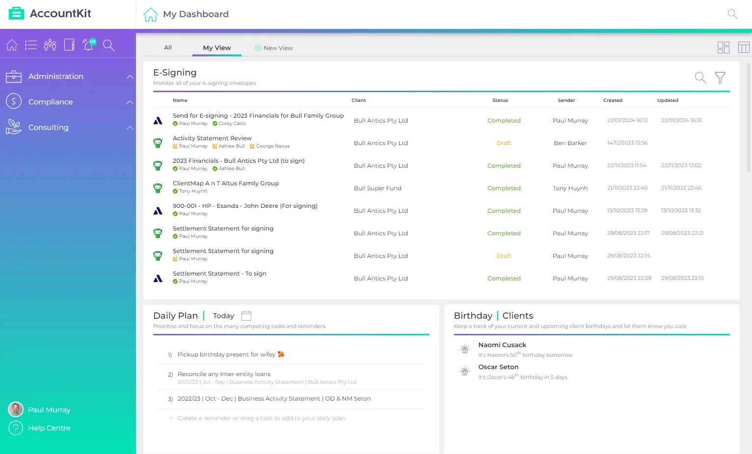 Esigning Dashboard